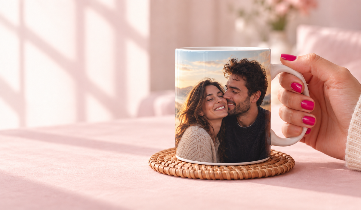 Tazza con foto stampata su tutta la superficie. Ambientazione illustrativa.