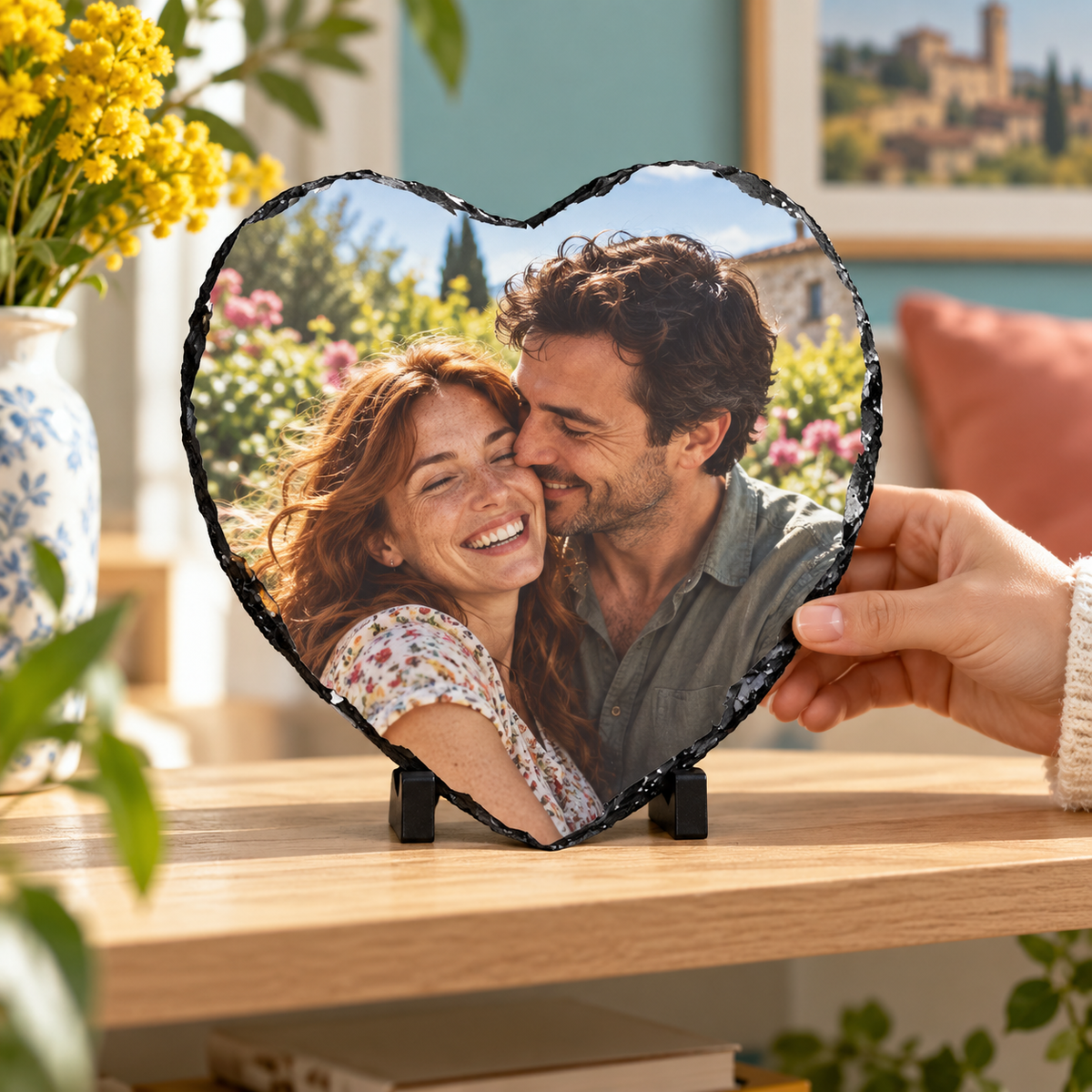 Ardesia a cuore con foto di coppia in una casa luminosa. Ambientazione illustrativa.