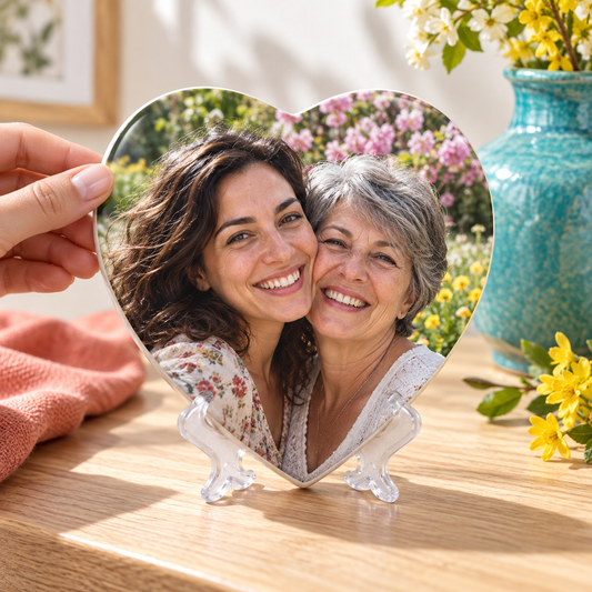 Mattonella a cuore con foto di madre e figlia e supporti trasparenti. Esempio illustrativo di personalizzazione.