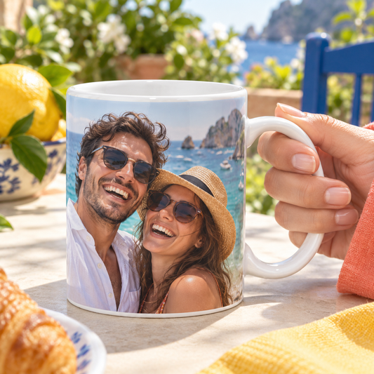 Tazza in ceramica con una nuova foto di coppia, in un ambiente luminoso. Esempio illustrativo di personalizzazione.