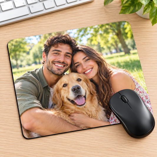 Tappetino mouse con foto di coppia e cane: esempio illustrativo di personalizzazione.
