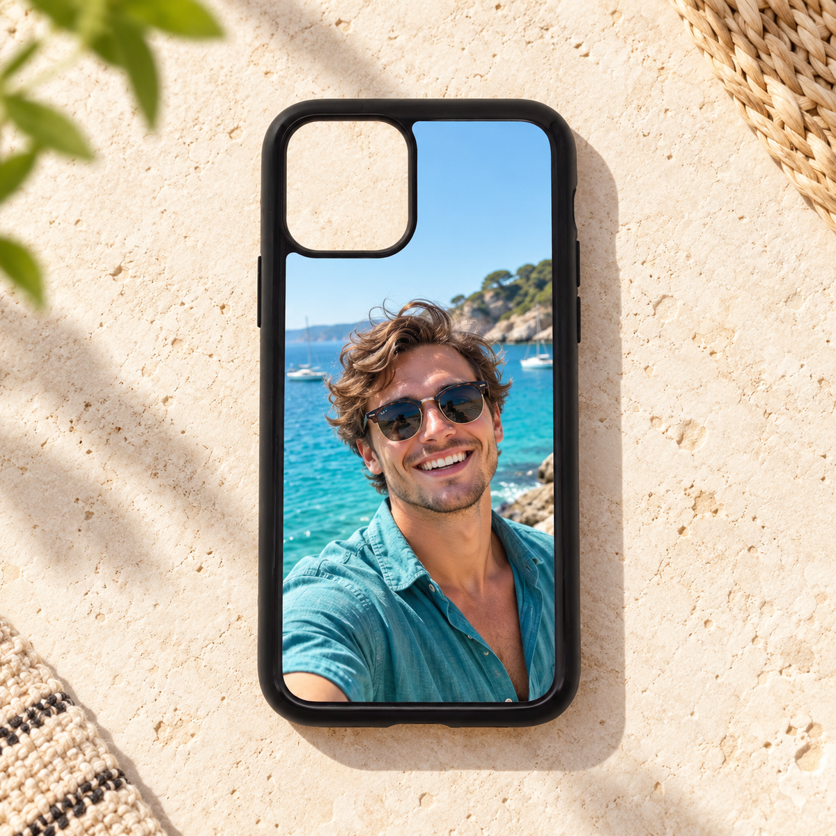 Cover iPhone 12 – esempio di personalizzazione con foto al mare, nuova ambientazione illustrativa Manà Gadget