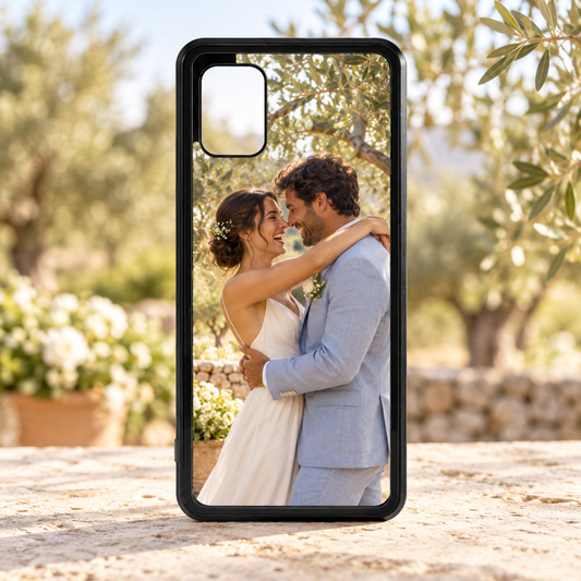 Cover Samsung A13 (4G) / A13 (5G) – nuova ambientazione illustrativa con esempio di personalizzazione Manà Gadget