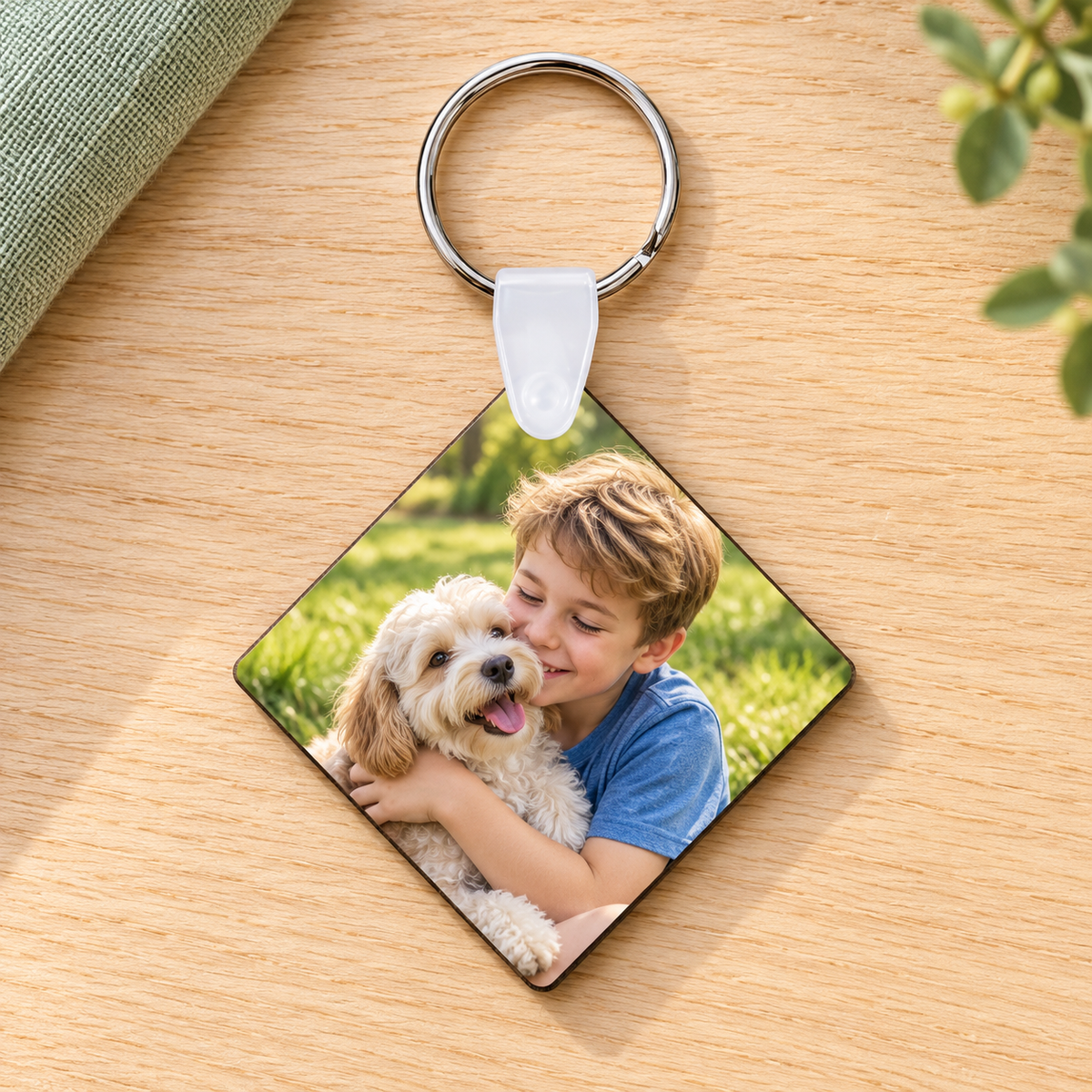 Portachiavi quadrato in legno con foto bambino e cane, esempio illustrativo.