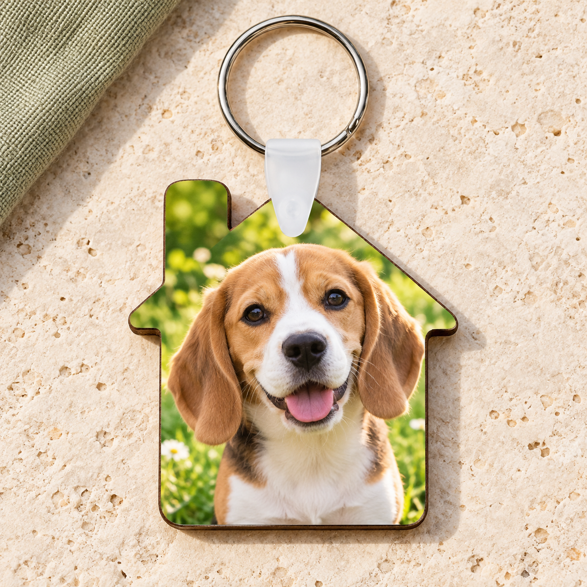 Portachiavi a casetta in legno con foto di cane, esempio illustrativo.