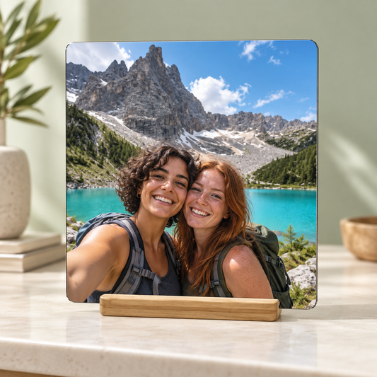 Quadretto in alluminio con base in legno - quadrato – ambientazione illustrativa Manà Gadget