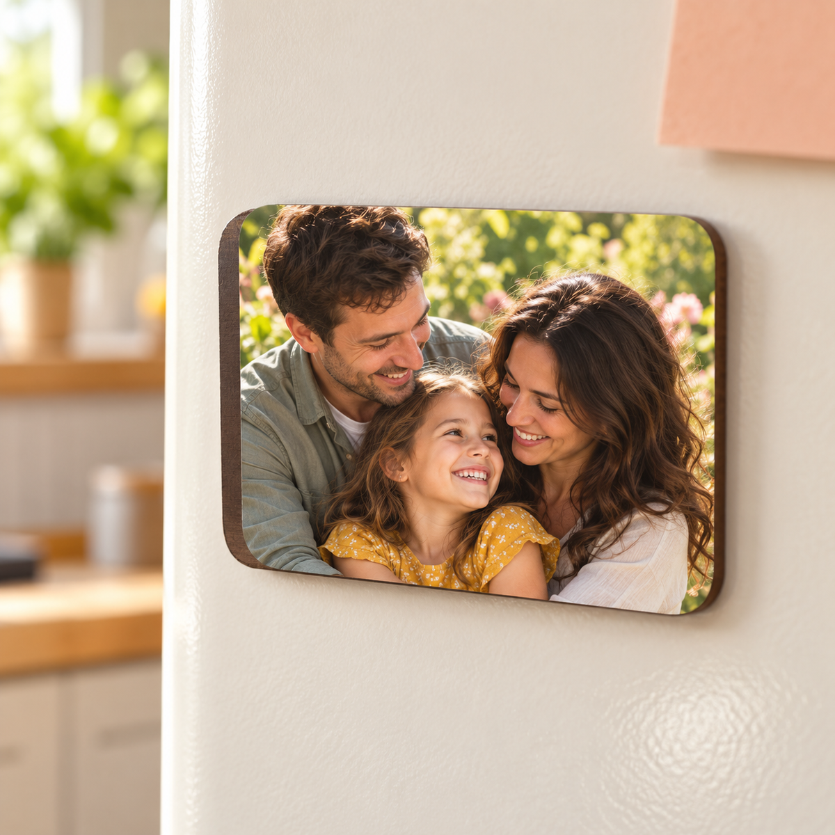 Calamita rettangolare in legno con foto di famiglia — esempio illustrativo di personalizzazione