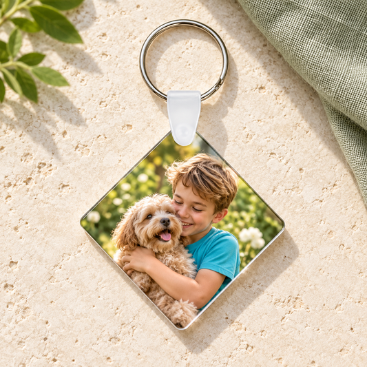 Portachiavi quadrato in plexiglass con foto bambino e cane, esempio illustrativo.