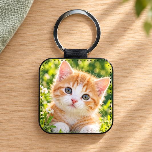 Portachiavi quadrato in ecopelle con foto di gattino, esempio illustrativo.