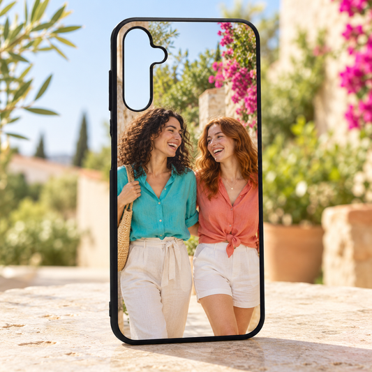Cover Samsung A14 (4G) / A14 (5G) – nuova ambientazione illustrativa con esempio di personalizzazione Manà Gadget