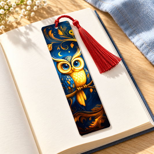 Segnalibro gufo blu e oro — ambientazione illustrativa
