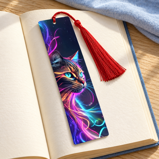 Segnalibro gatto neon — ambientazione illustrativa