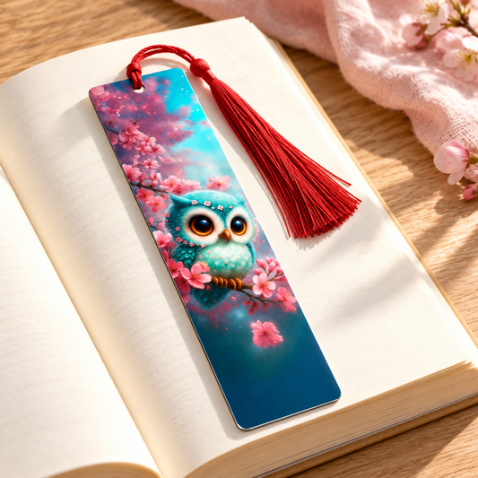 Segnalibro gufetto e fiori rosa — ambientazione illustrativa