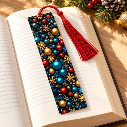 Segnalibro Natale con nappina rossa su libro — ambientazione illustrativa