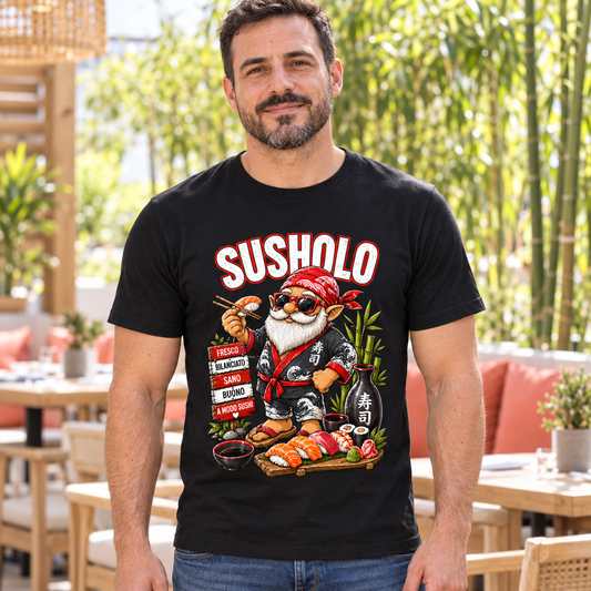 T-shirt “Susholo” – Stile, qualità e divertimento – ambientazione illustrativa Manà Gadget